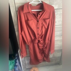 HALARA Rust Long Sleeve Button-Up Dress